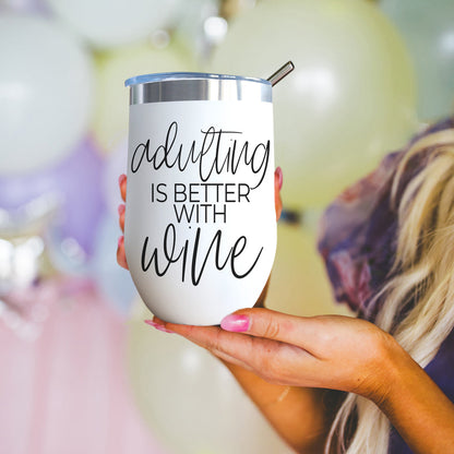 Adulting 17oz tumbler Gia Roma white stainless steel with lid on Tampa Home & Garden Store