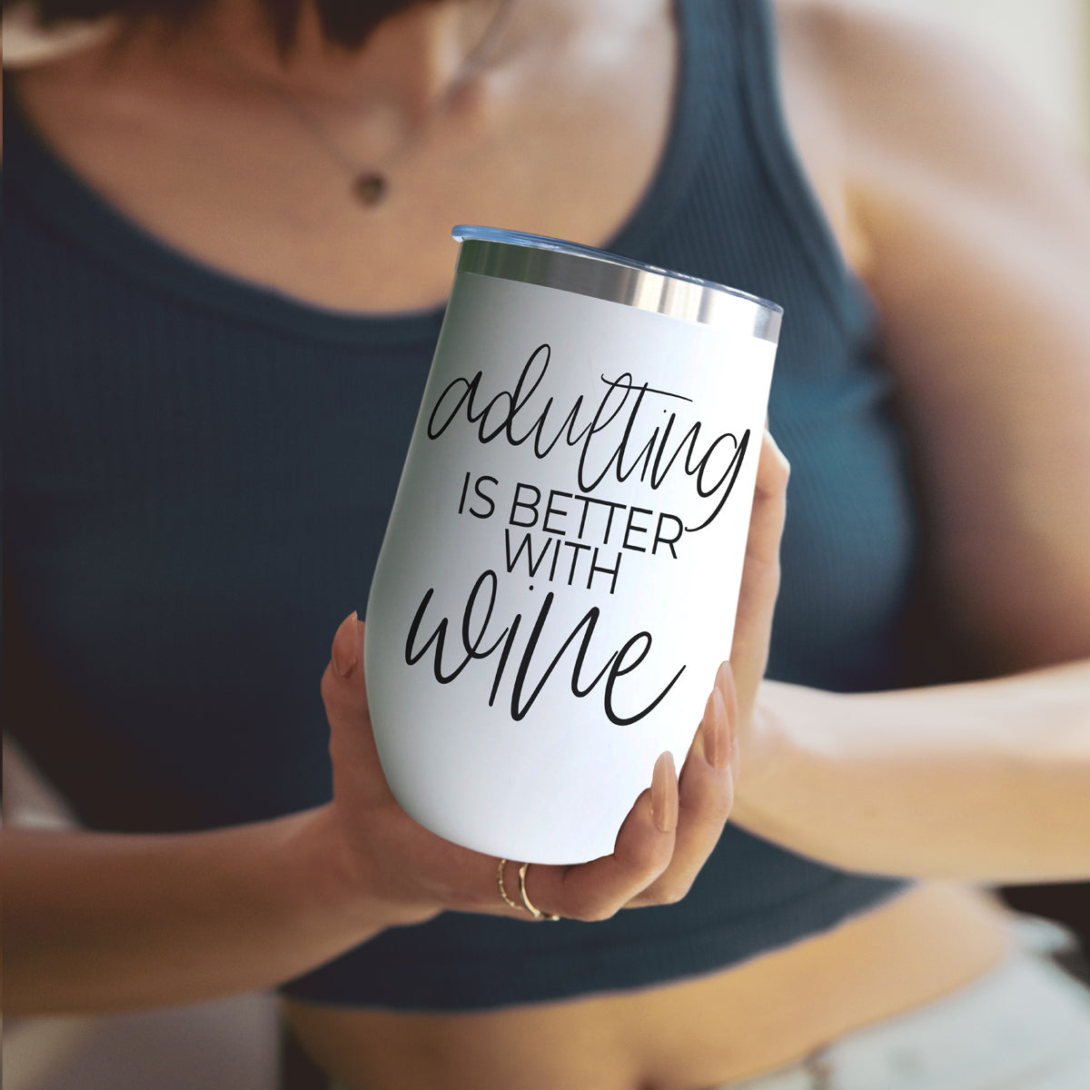 Adulting 17oz tumbler Gia Roma white with stainless lid and wine quote on Tampa Home & Garden Store