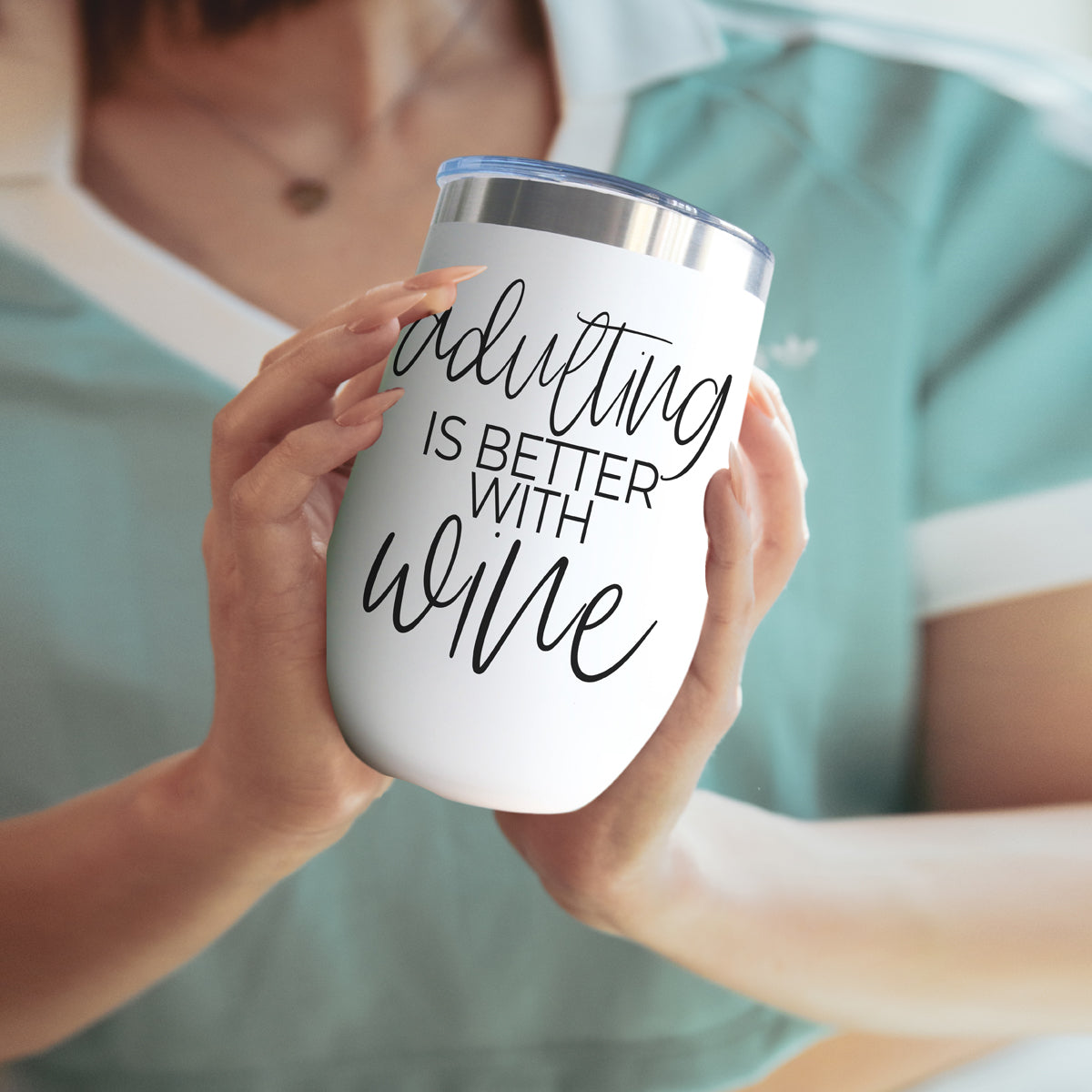 Adulting 17oz tumbler Gia Roma white stainless steel insulated cup with black script wine on Tampa Home & Garden Store
