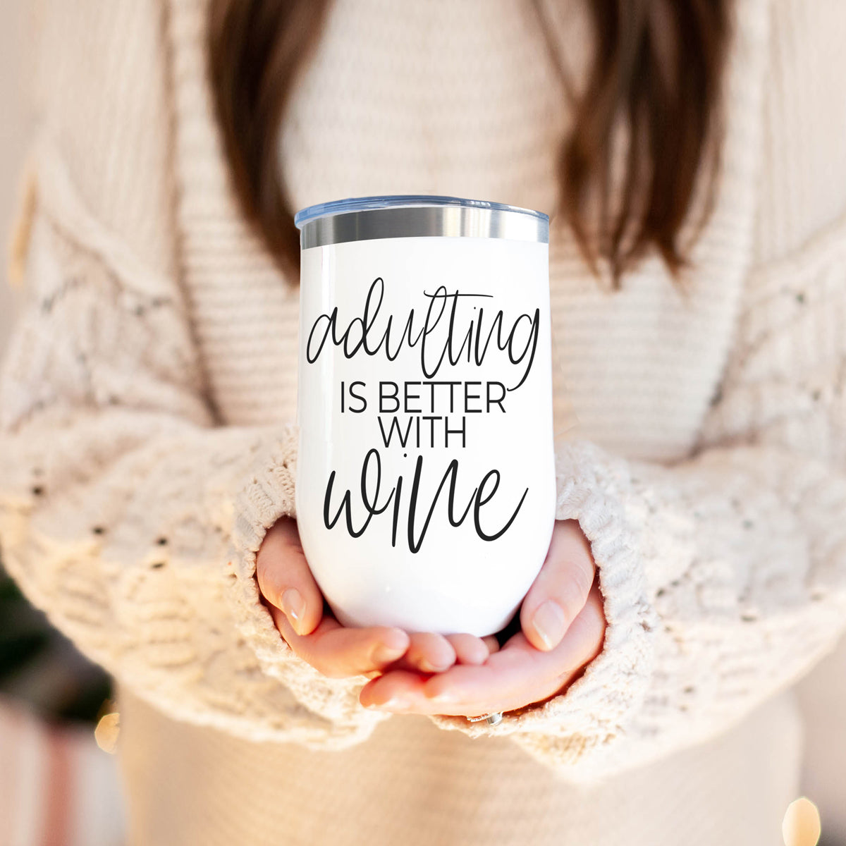 Gia Roma 17oz tumbler white with stainless lid bold script adulting is better with wine on Tampa Home & Garden Store