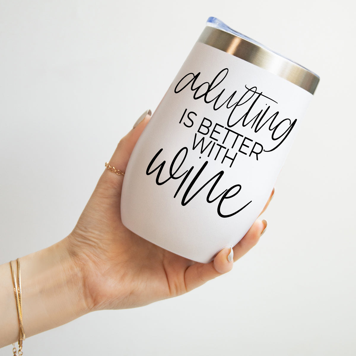 Adulting 17oz tumbler Gia Roma white with gold rim adulting is better with wine on Tampa Home & Garden Store