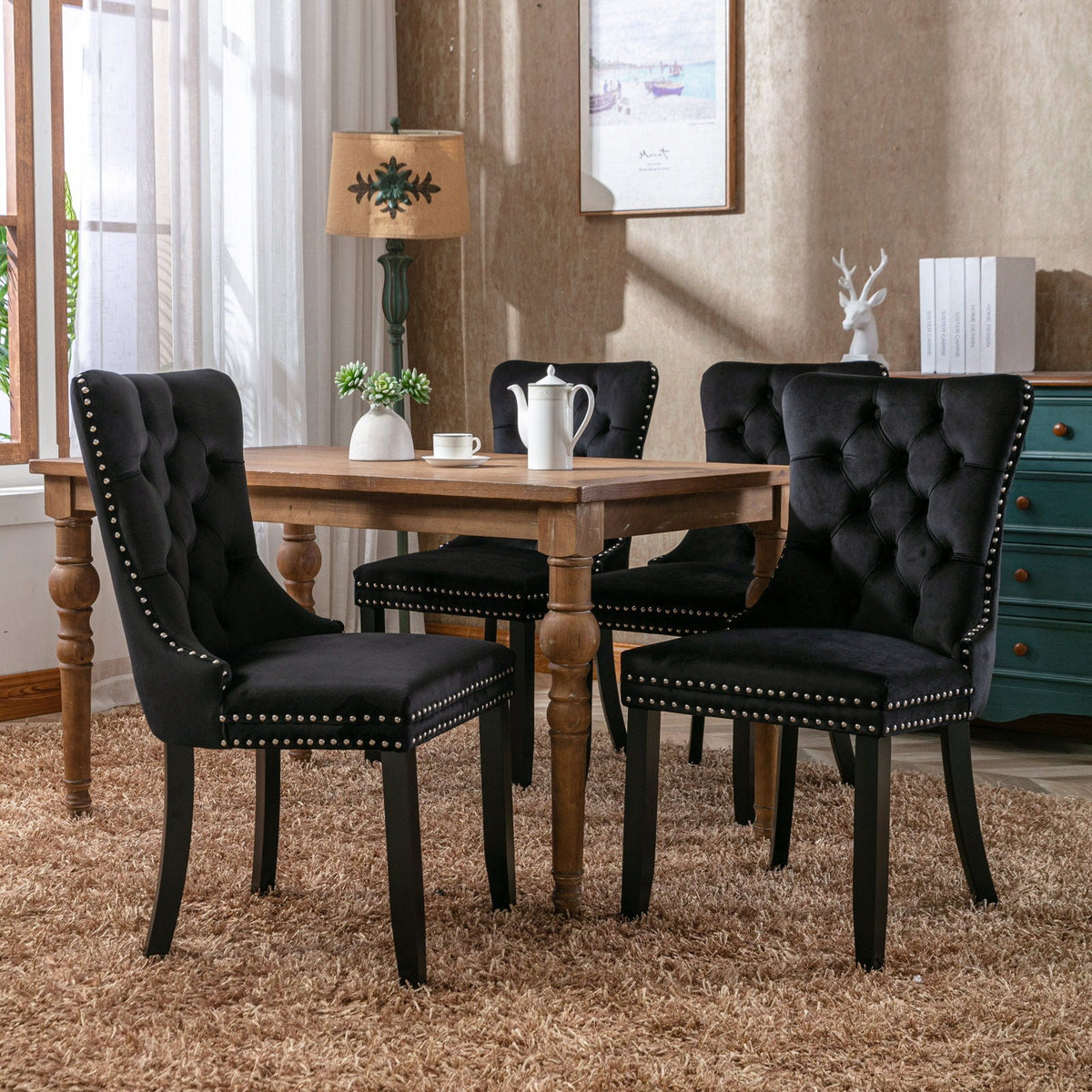 Tufted velvet dining chair set in black with nailhead trim, 4 chairs on Tampa Home & Garden Store