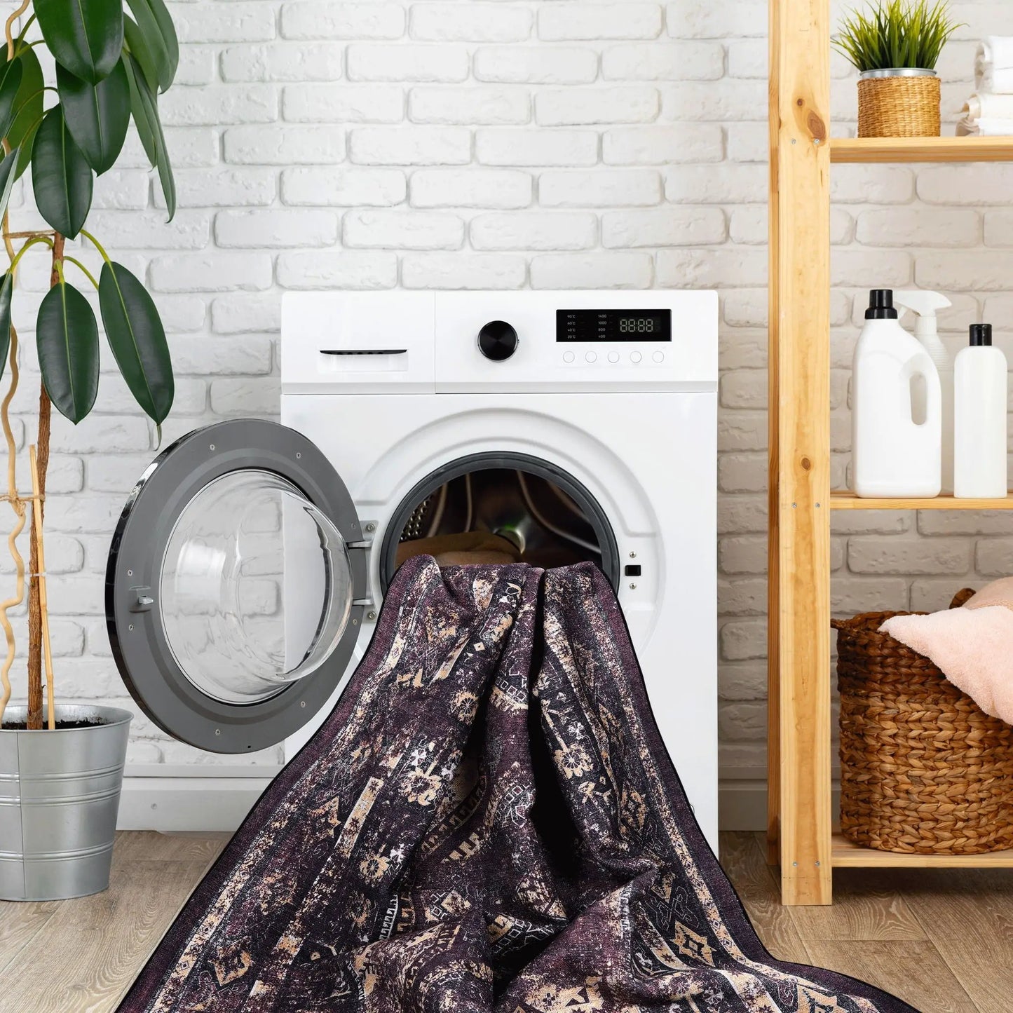 Maval Washable Area Rug 5 by 8 Black Burgundy
