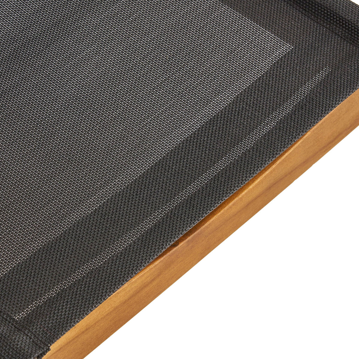 Belfast dining chair set with mesh seating on acacia wood frame outdoor, dark woven fabric on Tampa Home & Garden Store