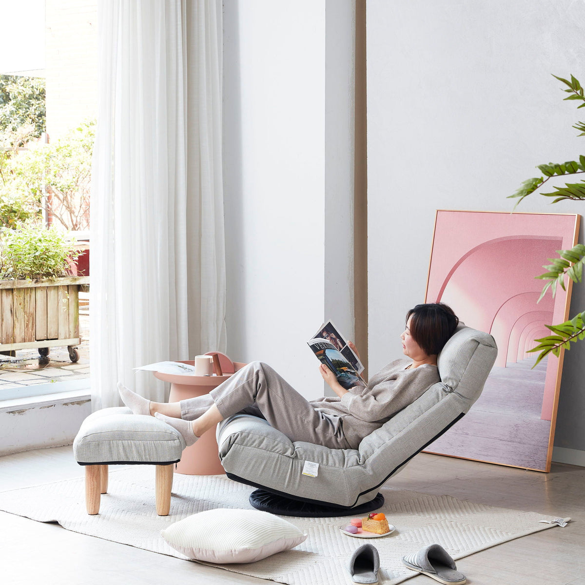 Adjustable reclining floor chair with ottoman, gray fabric, metal frame HouseOfZazla on Tampa Home & Garden Store