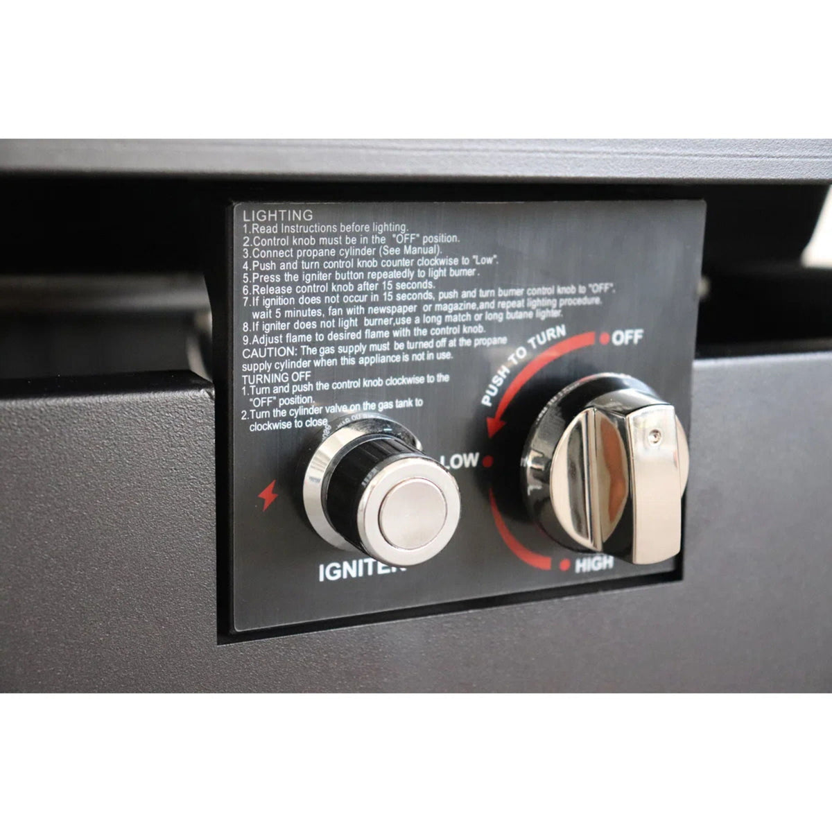 Rectangle Fire Pit control panel in black with ignition knobs on Tampa Home & Garden Store