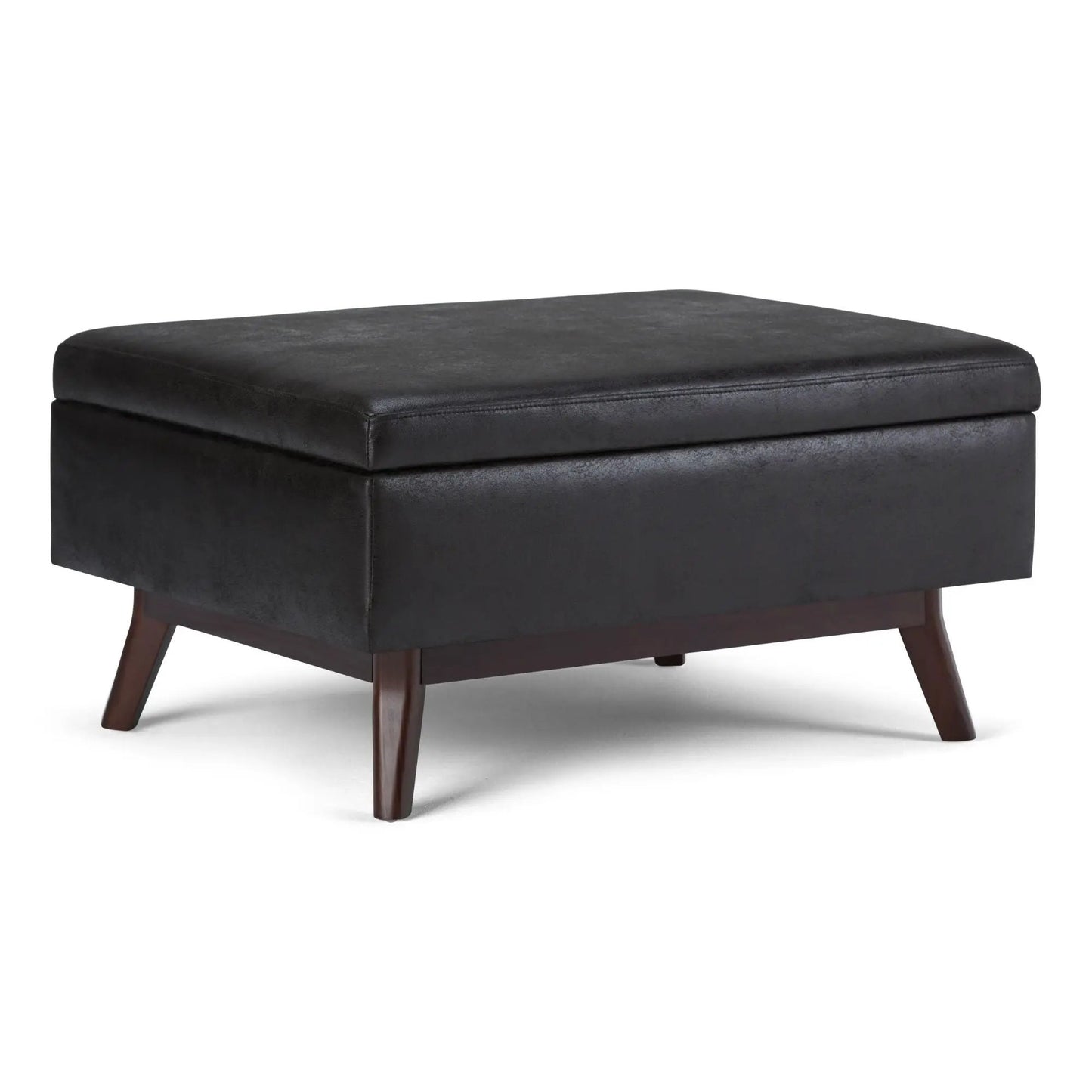 Owen upholstered rectangular storage ottoman in black faux leather with wood legs on Tampa Home & Garden Store
