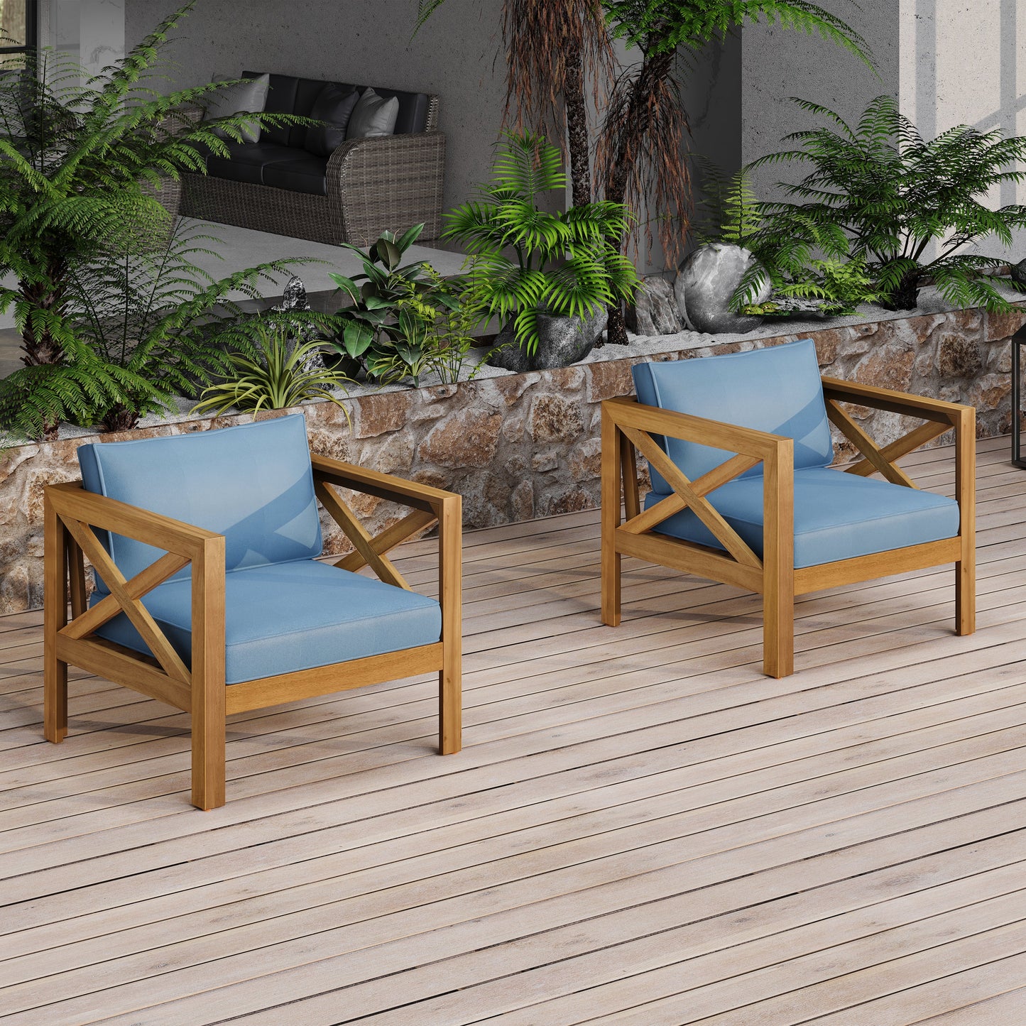 Four Outdoor Acacia Wood Club and Patio Chairs