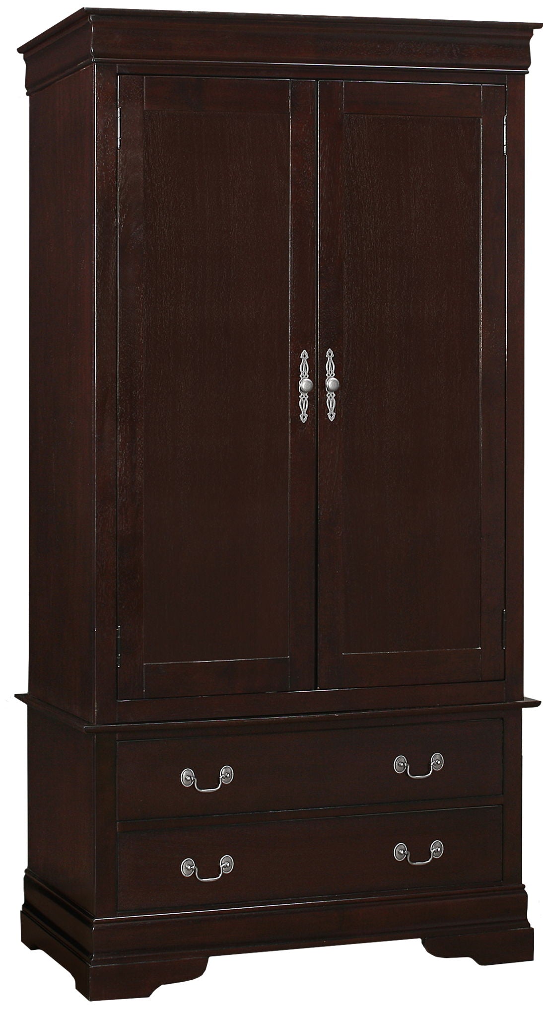 HouseOfZazla armoire with hanging bar in dark espresso finish, 2 doors, ornate silver hardware on Tampa Home & Garden Store