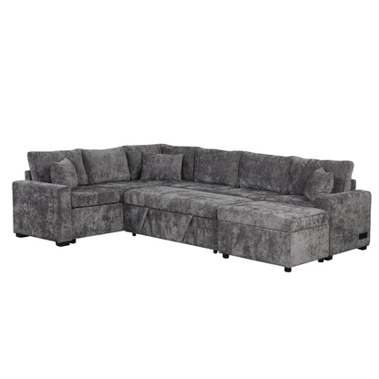 Sleeper sectional sofa in gray textured fabric by HouseOfZazla with three pillows on Tampa Home & Garden Store