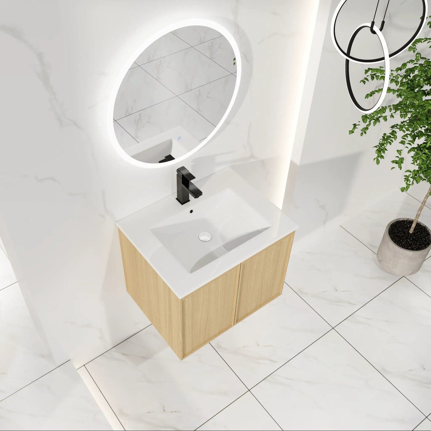 Floating vanity with sink combo white sink on light wood cabinet black faucet, round LED mirror on Tampa Home & Garden Store
