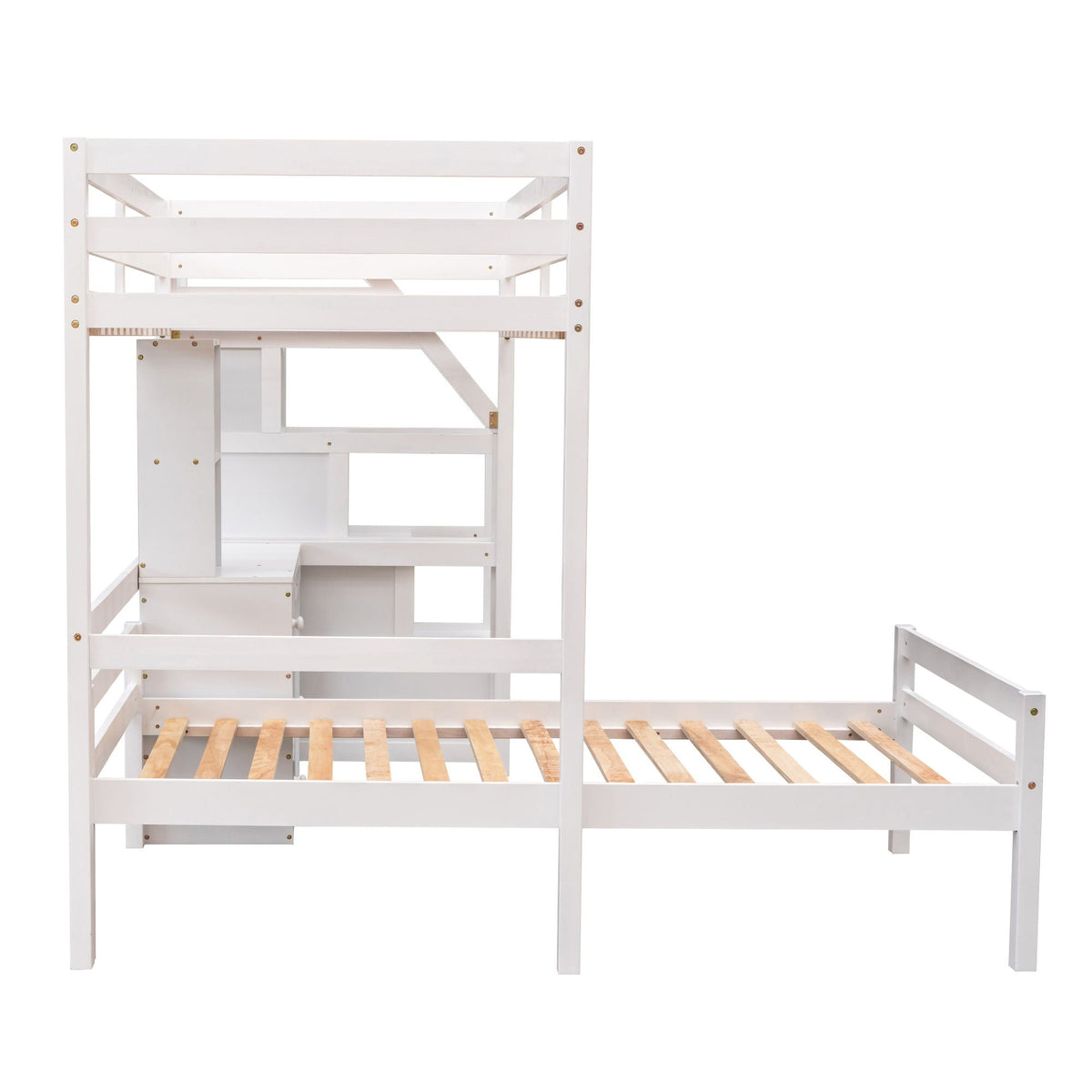 Loft bed with standalone lower bed, storage stairs, desk, shelves and drawers in white on Tampa Home & Garden Store
