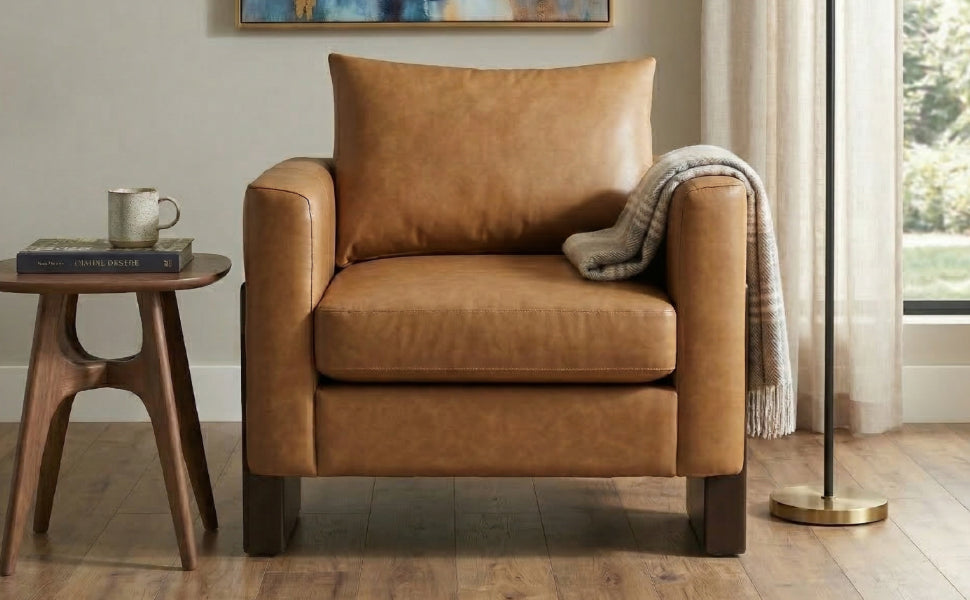 HouseOfZazla Modern Accent Chair in tan leatherette with rubberwood legs on Tampa Home & Garden Store