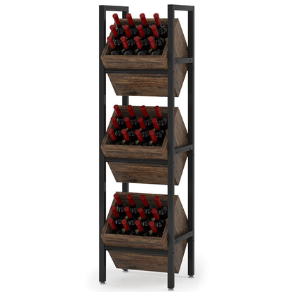 3 Tier Basket Stand with Angled Wood Baskets in black metal frame holding wine bottles on Tampa Home & Garden Store