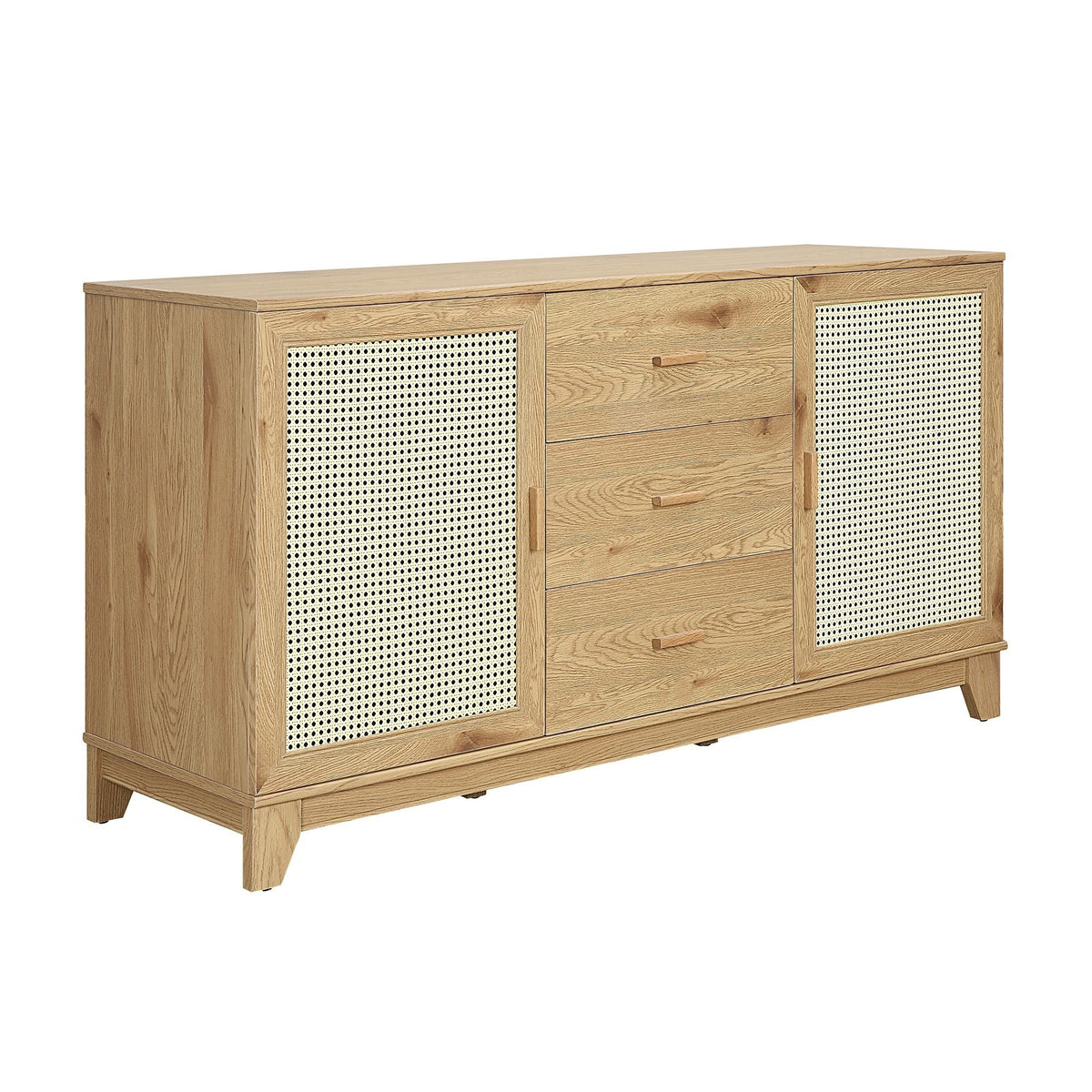 Modern cane design sideboard with solid wood handles and cane-front doors in light wood on Tampa Home & Garden Store