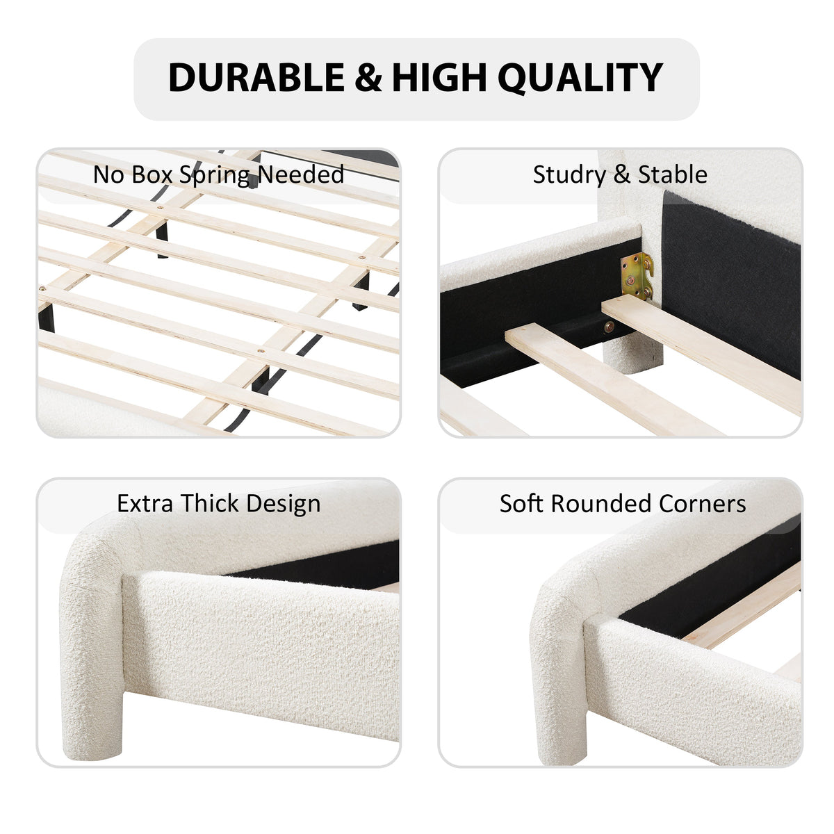 Queen size upholstered platform bed frame in beige fabric with wooden slats by HouseOfZazla on Tampa Home & Garden Store