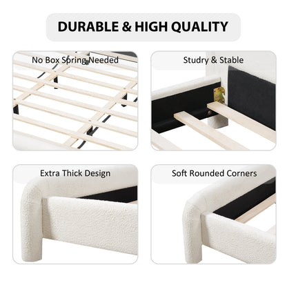 Queen size upholstered platform bed frame in beige fabric with wooden slats by HouseOfZazla on Tampa Home & Garden Store