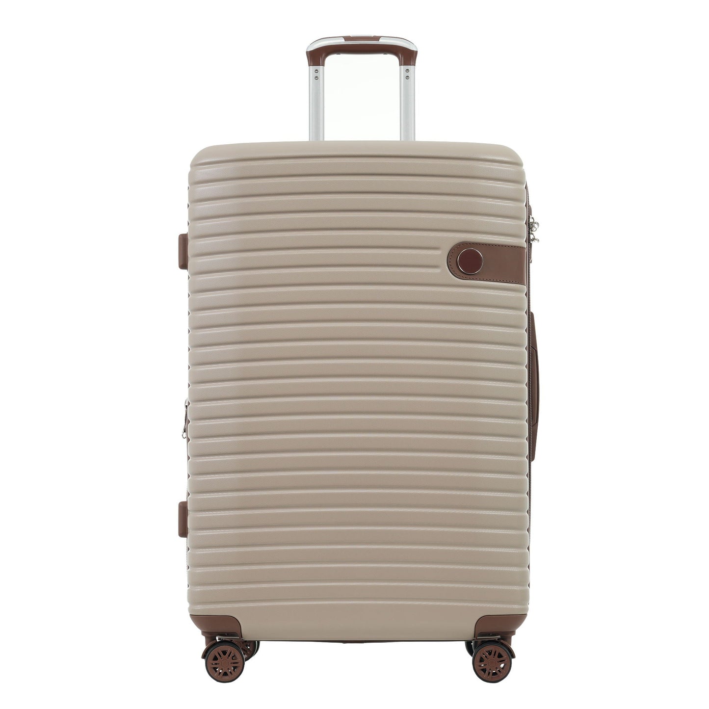 Hard-shell beige luggage suitcase with brown trim, extended telescoping handle and four wheels on Tampa Home & Garden Store
