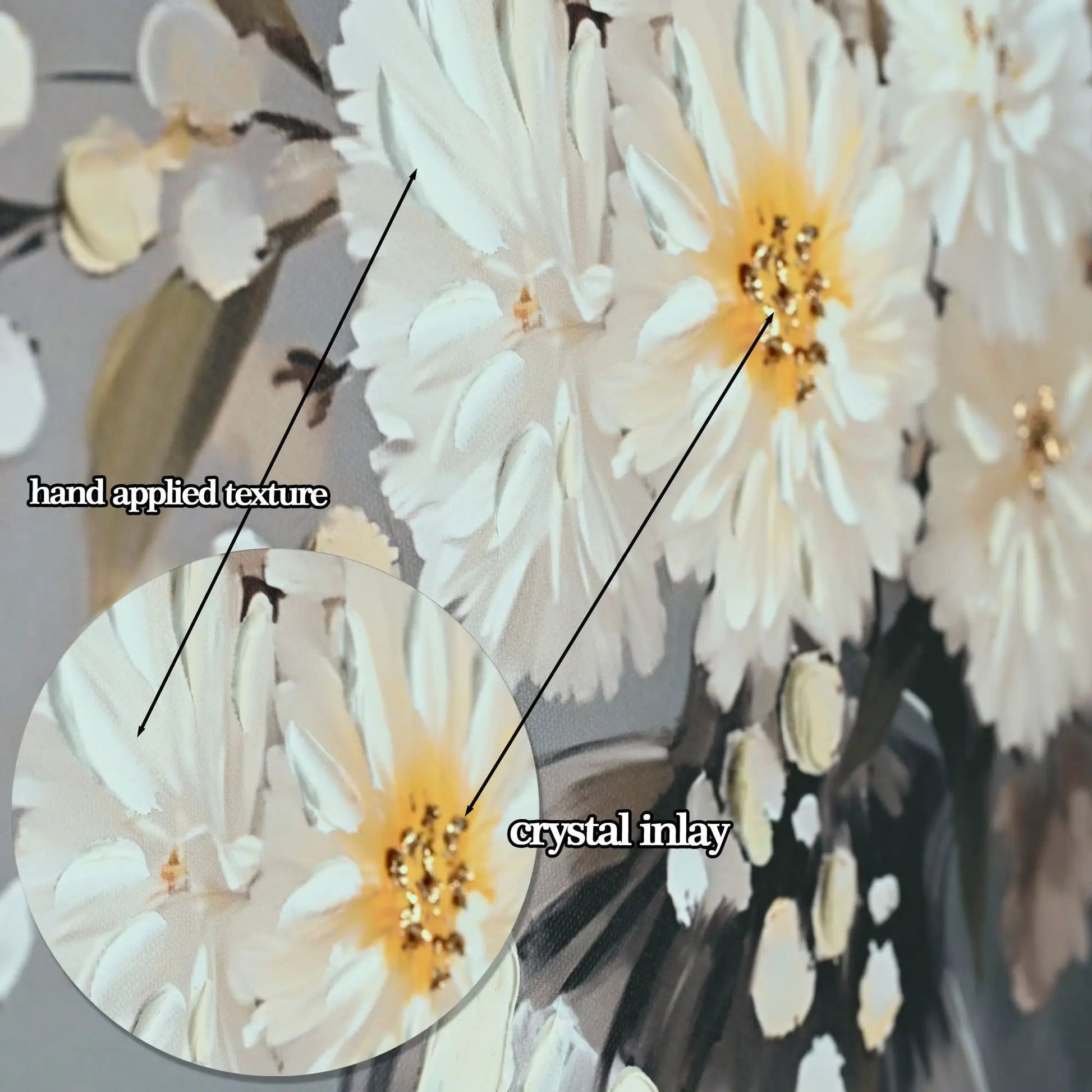Chrysanthemum vase canvas wall art Stone White with hand textured surface and crystal inlay on Tampa Home & Garden Store