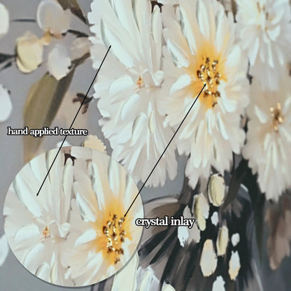 Chrysanthemum vase canvas wall art Stone White with hand textured surface and crystal inlay on Tampa Home & Garden Store
