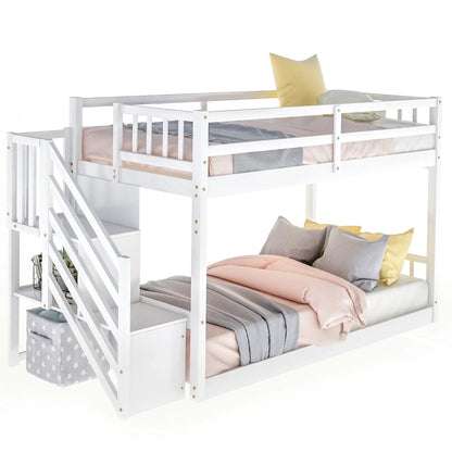 Twin Over Twin Floor Bunk Bed With Storage Ladder