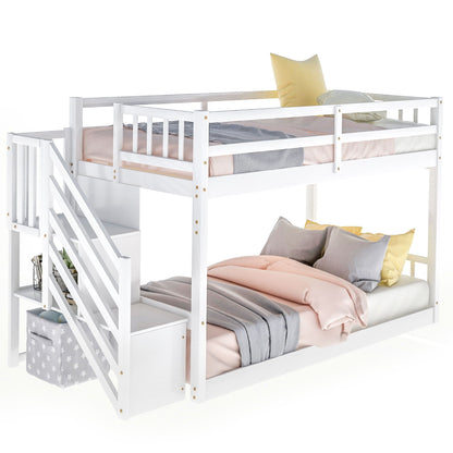 Twin over twin floor bunk bed with storage ladder, white finish, HouseOfZazla on Tampa Home & Garden Store