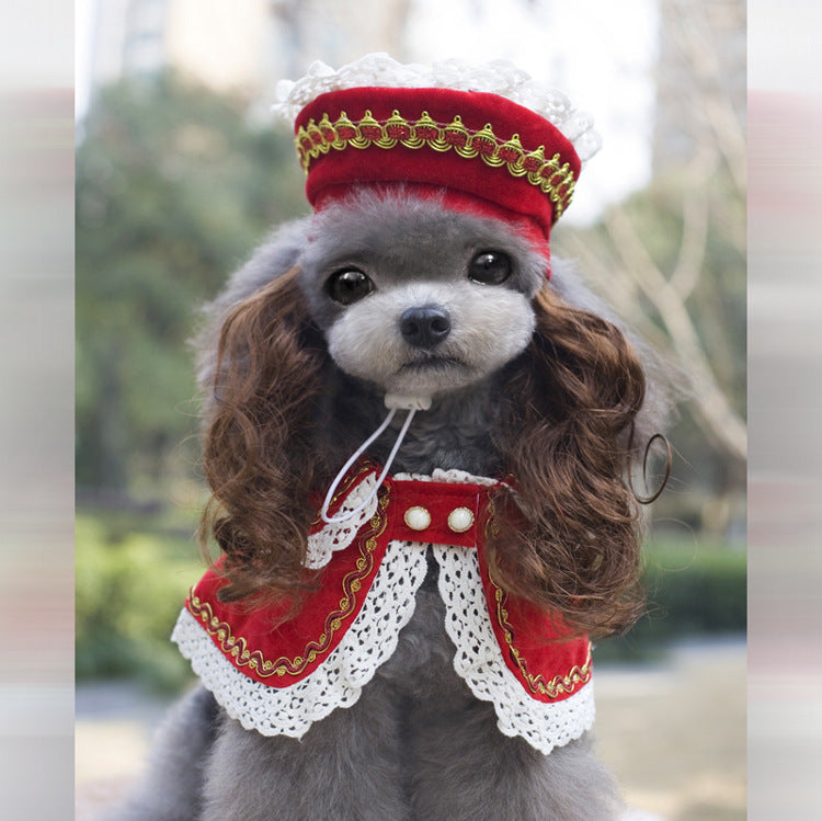 Christmas dog costume by Pet Zen with red velvet cape, white lace trim and matching hat on Tampa Home & Garden Store