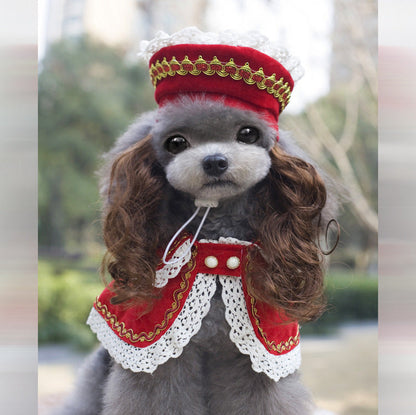 Christmas dog costume by Pet Zen with red velvet cape, white lace trim and matching hat on Tampa Home & Garden Store