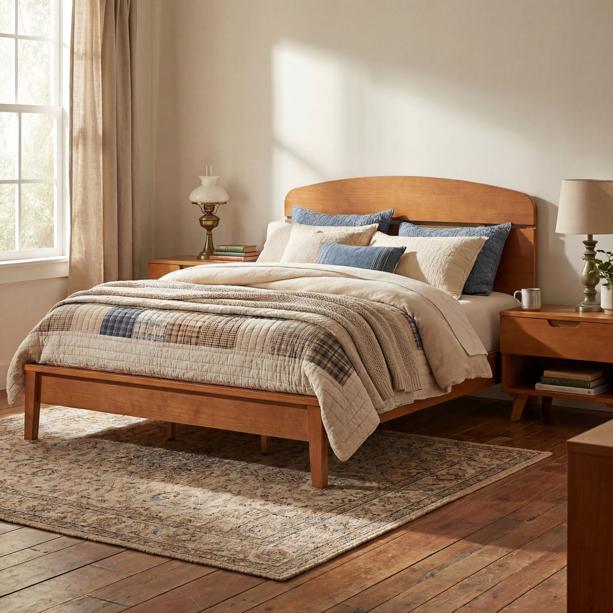 Queen Size solid wood platform bed with curved headboard in natural finish by HouseOfZazla on Tampa Home & Garden Store