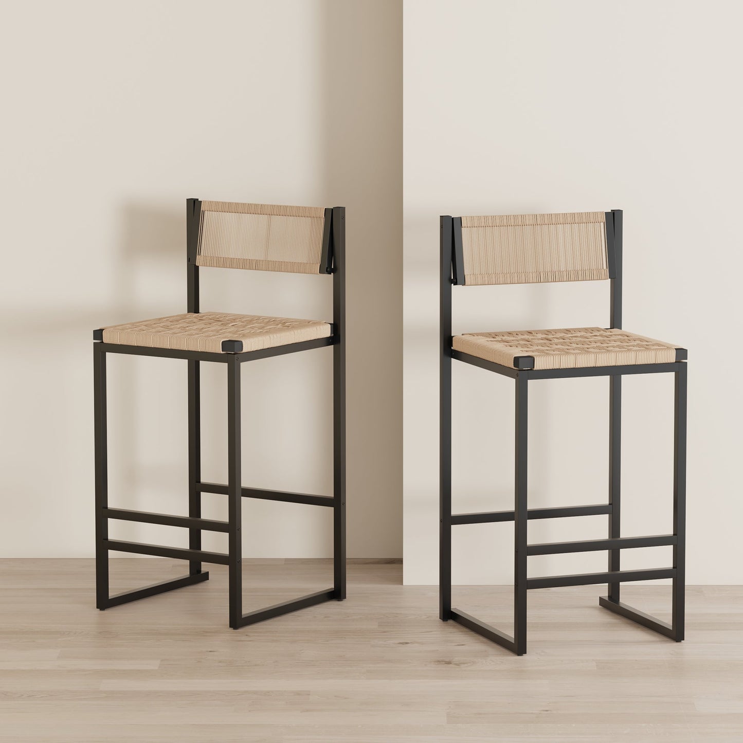 Kitchen Bar Stool pair with paper rope weave seats and black metal frame HouseOfZazla on Tampa Home & Garden Store