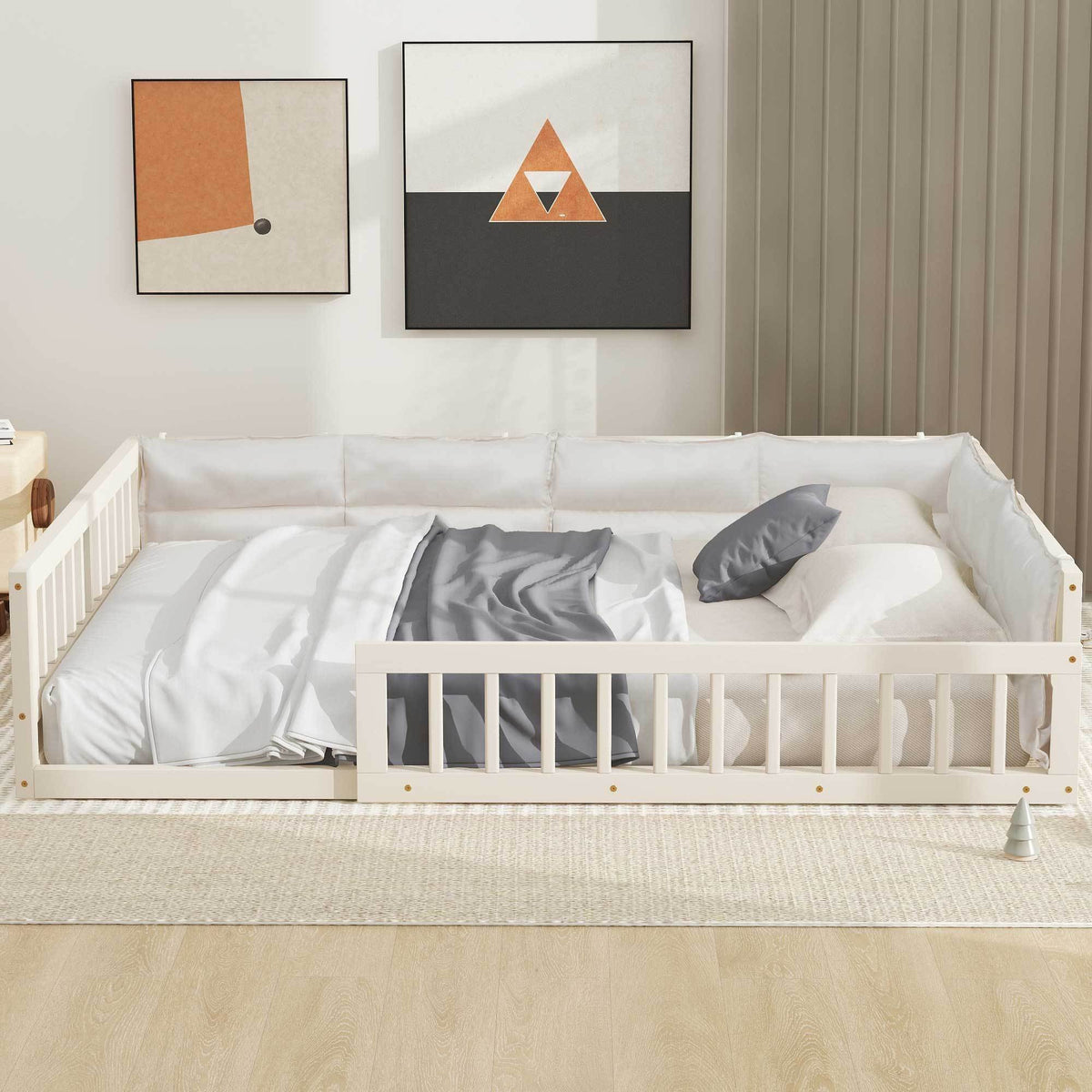 White wood full-size upholstered platform bed with guardrail and gray pillows HouseOfZazla on Tampa Home & Garden Store