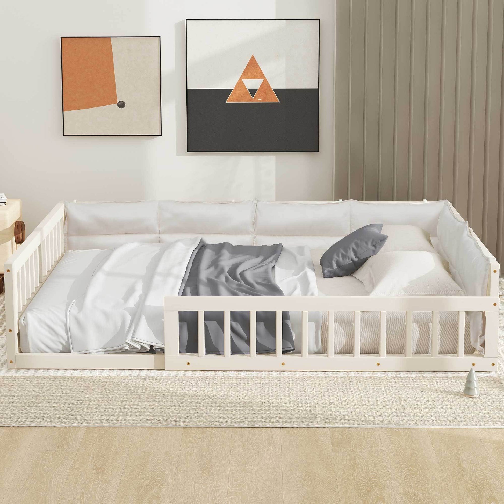 White wood full-size upholstered platform bed with guardrail and gray pillows HouseOfZazla on Tampa Home & Garden Store