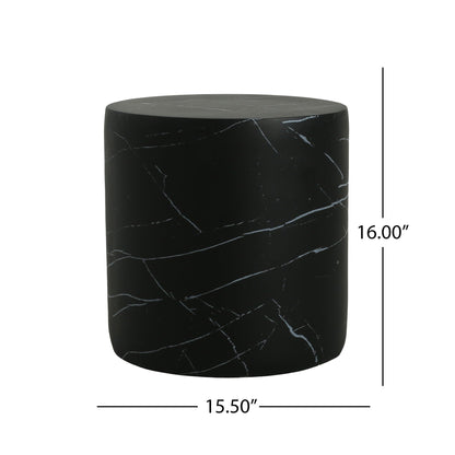 Cylindrical outdoor concrete side table black with white veining on Tampa Home & Garden Store
