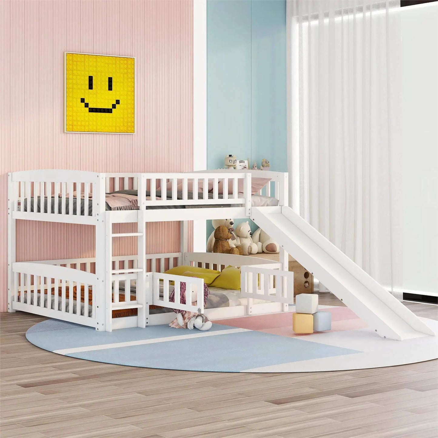 Low Bunk Bed With Slide Fence and Ladder