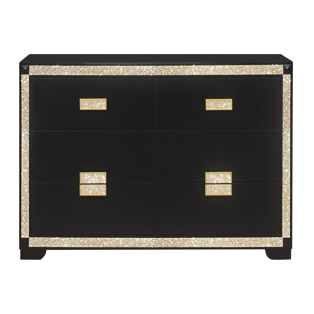 Black dresser with gold glitter trim and square gold pulls on Tampa Home & Garden Store