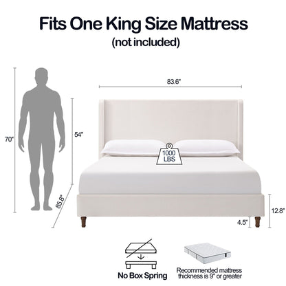 Harper Tall Headboard Upholstered Bed by HouseOfZazla, beige fabric, no box spring needed on Tampa Home & Garden Store