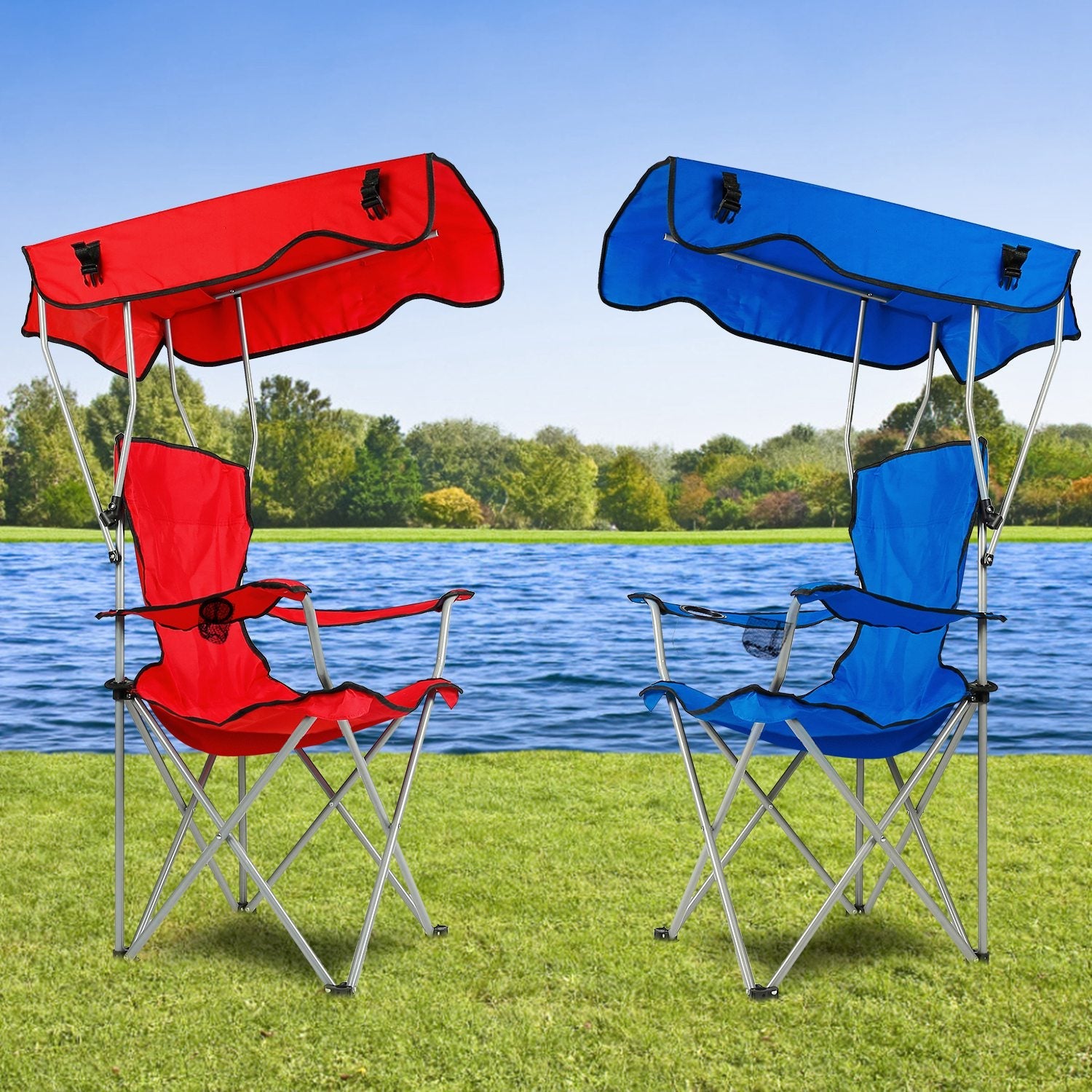 GemGear foldable canopy chair set red and blue with cup holders and steel frames on Tampa Home & Garden Store