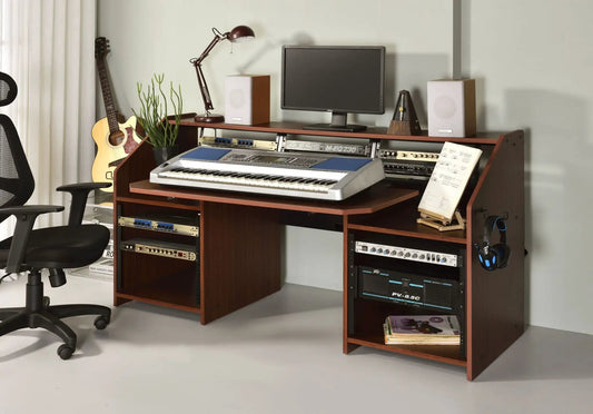 Annette - Music Desk - Wood workstation with keyboard, monitor, guitar, lamp, and speakers on Tampa Home & Garden Store