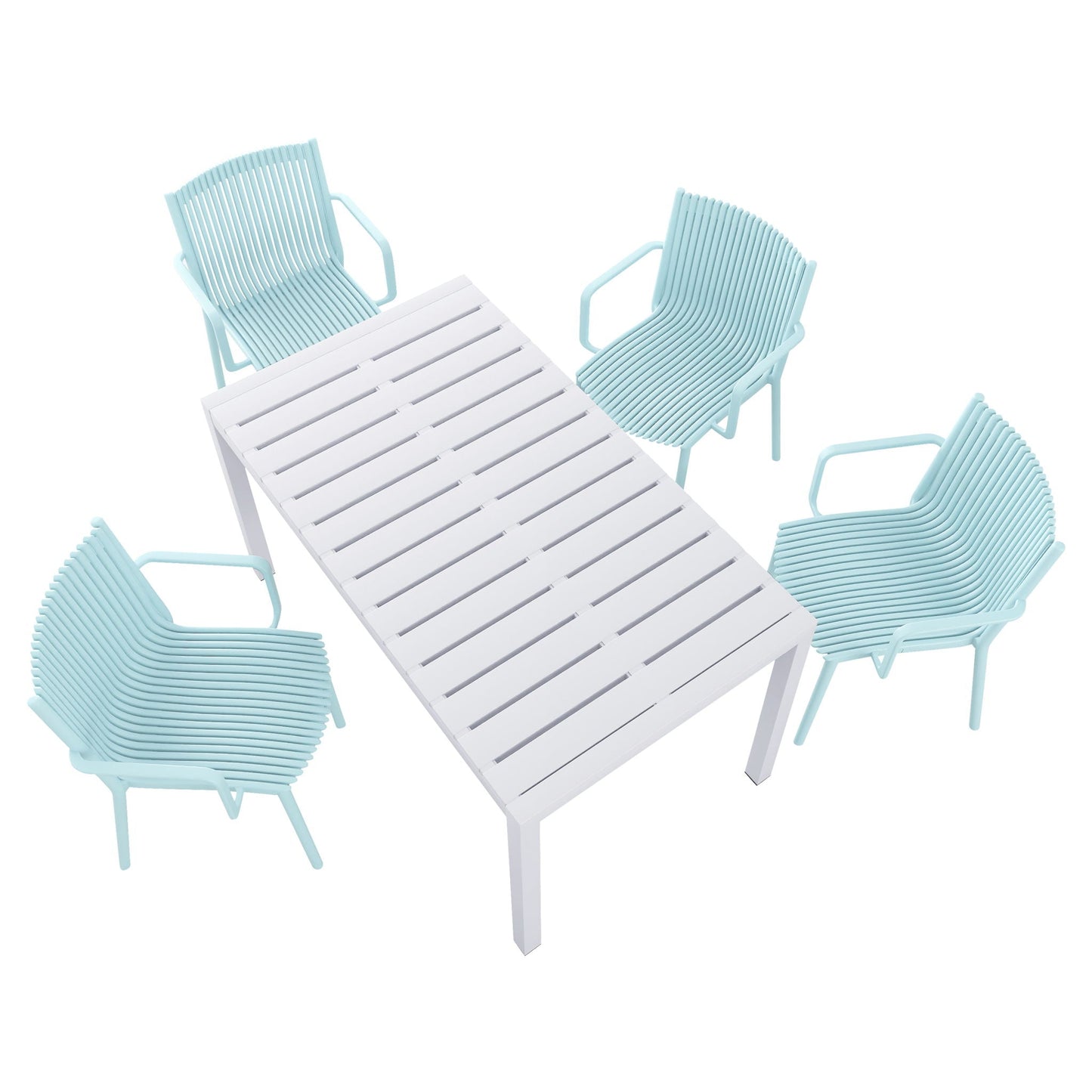 4 Modern Stackable Armchairs and Long Table