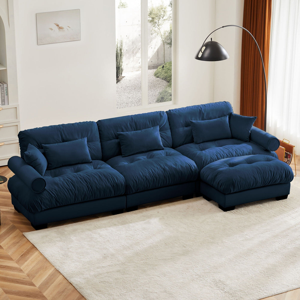 HouseOfZazla Super Comfort Oversized Modular Sectional Sofa with Movable Ottoman blue velvet 2-piece set on Tampa Home & Garden Store