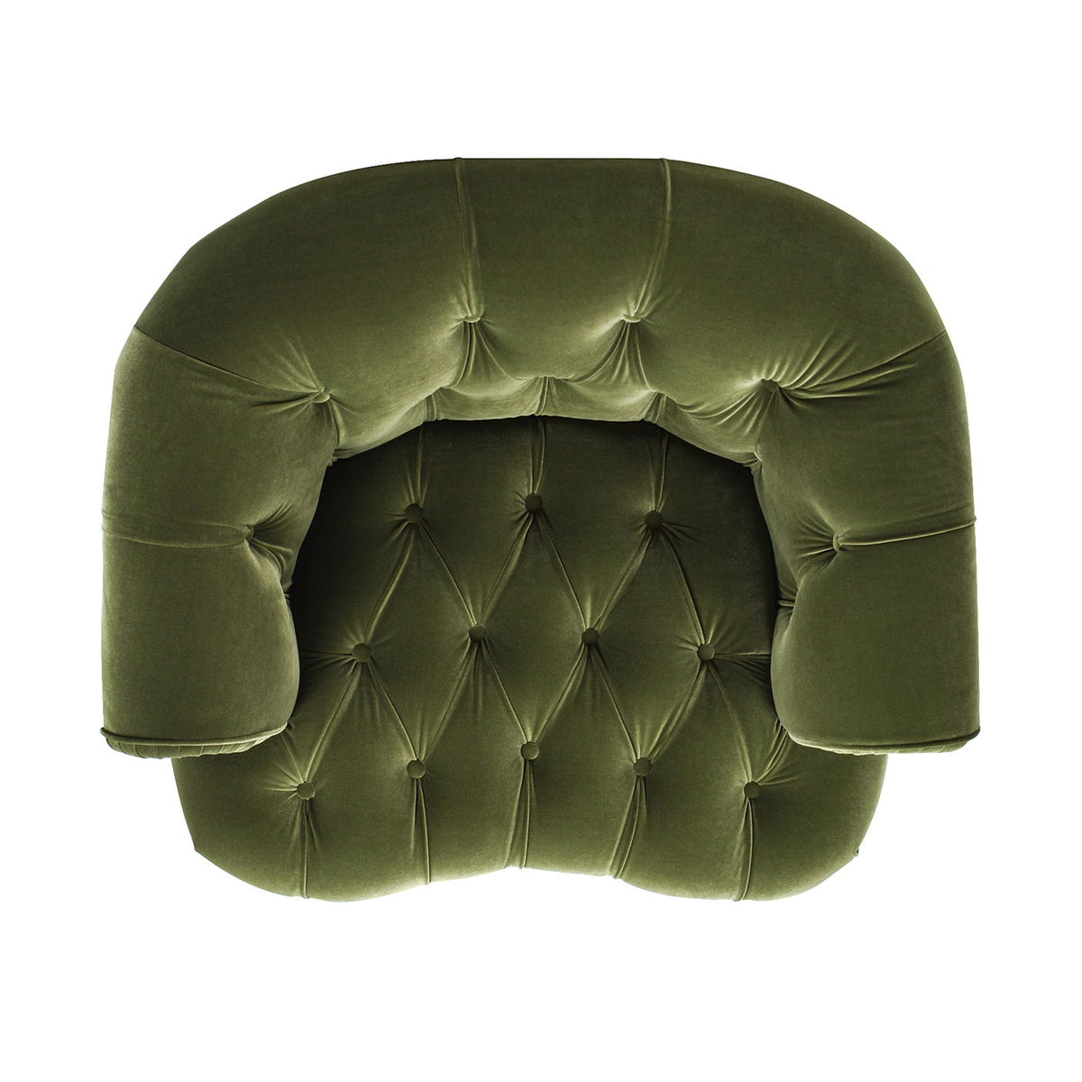 Olive green velvet Victorian tufted accent chair with curved back and padded arms on Tampa Home & Garden Store
