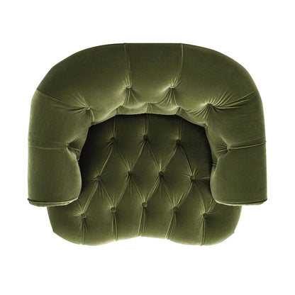 Olive green velvet Victorian tufted accent chair with curved back and padded arms on Tampa Home & Garden Store