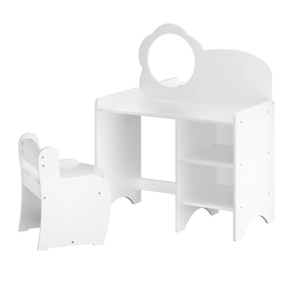 White kids vanity table with arched mirror frame, matching chair, and open storage shelves on Tampa Home & Garden Store