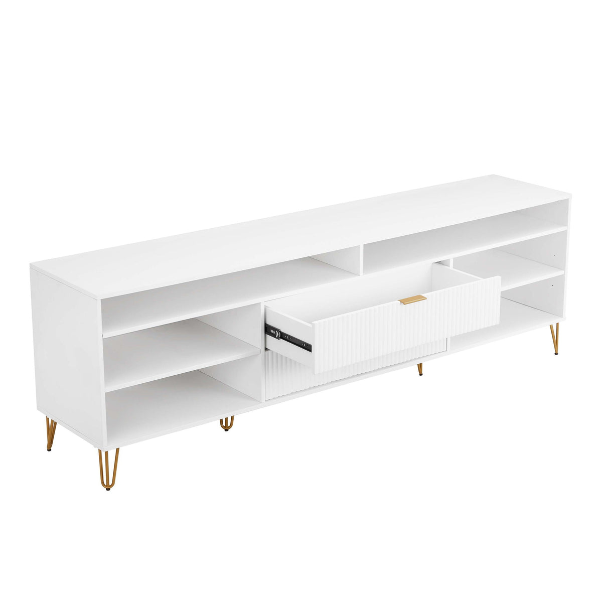 Fluted TV stand with storage white finish and gold metal legs HouseOfZazla on Tampa Home & Garden Store