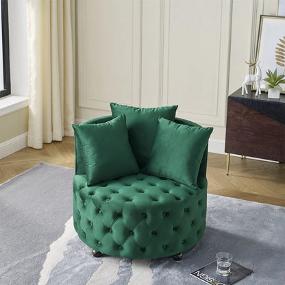 Modern upholstered swivel chair with button tufting in emerald green velvet on casters on Tampa Home & Garden Store