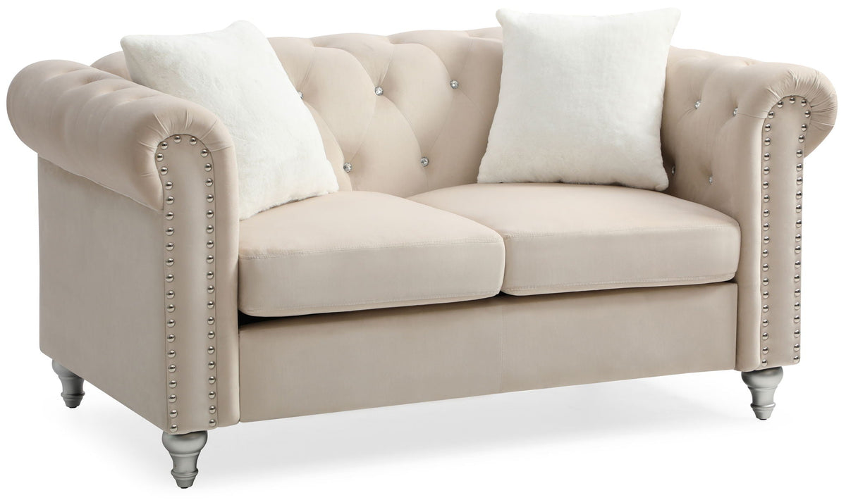 Contemporary beige loveseat by HouseOfZazla with jeweled tufting and nailhead trim on Tampa Home & Garden Store