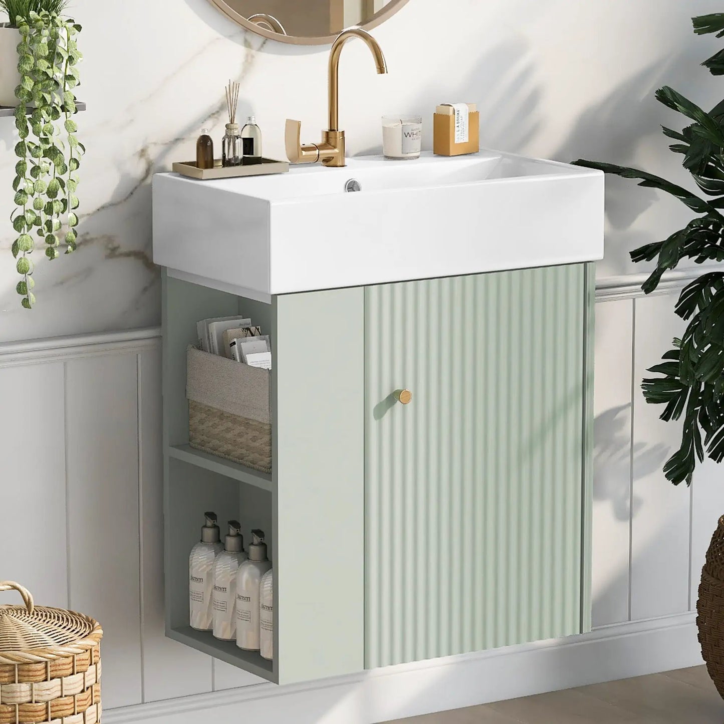 Compact Modern Floating Vanity with Ceramic Basin