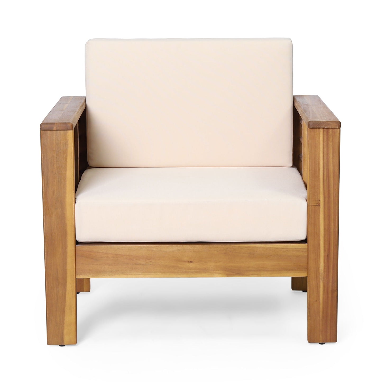 Slat Design Club Chair with Cushions in beige, natural wood frame, HouseOfZazla outdoor chair on Tampa Home & Garden Store