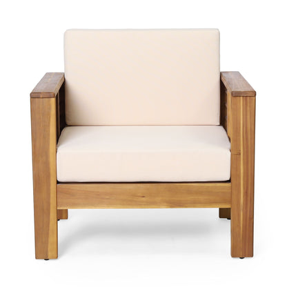 Slat Design Club Chair with Cushions in beige, natural wood frame, HouseOfZazla outdoor chair on Tampa Home & Garden Store