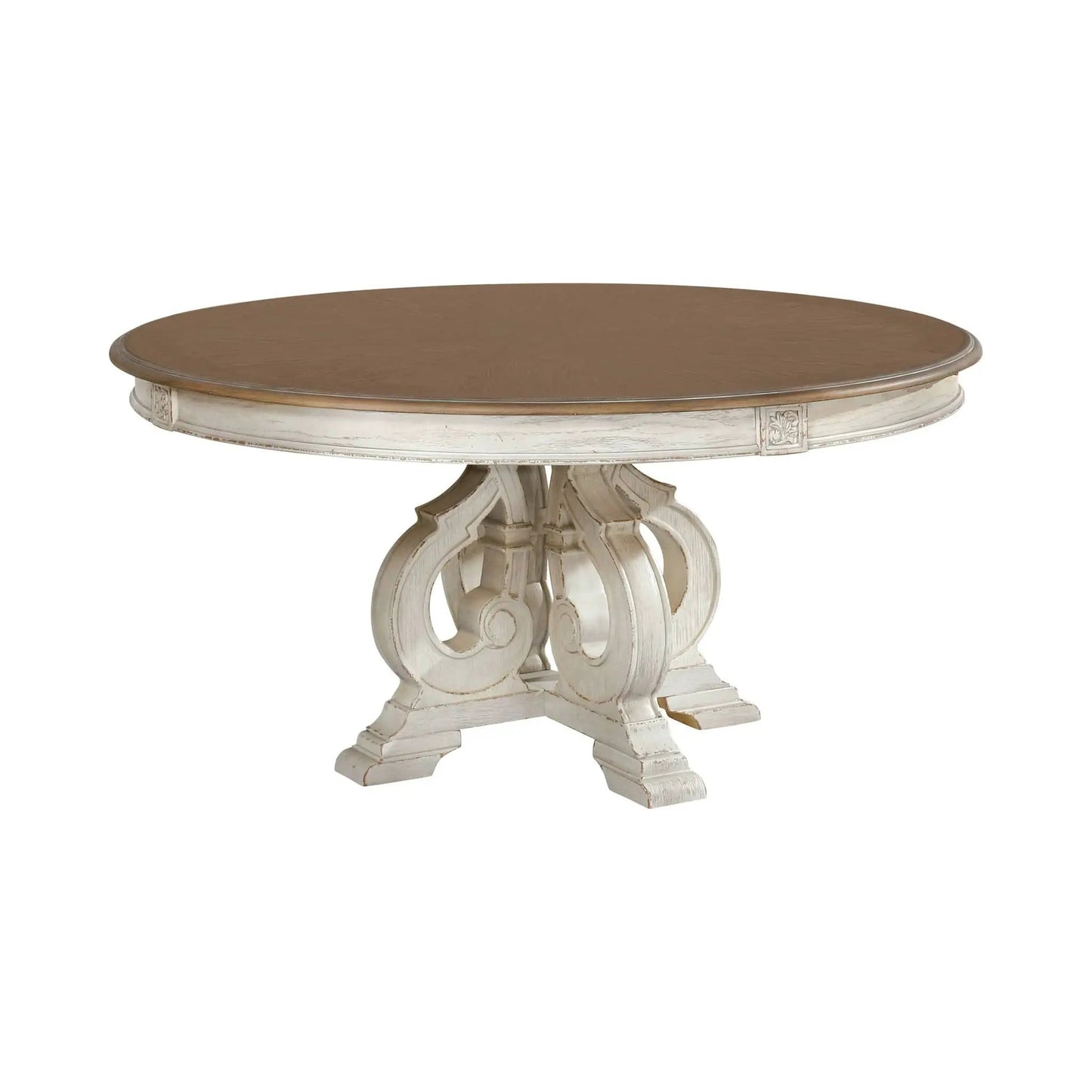 Elegant round dining table by Unique Piece Furniture with brown top and white pedestal base on Tampa Home & Garden Store